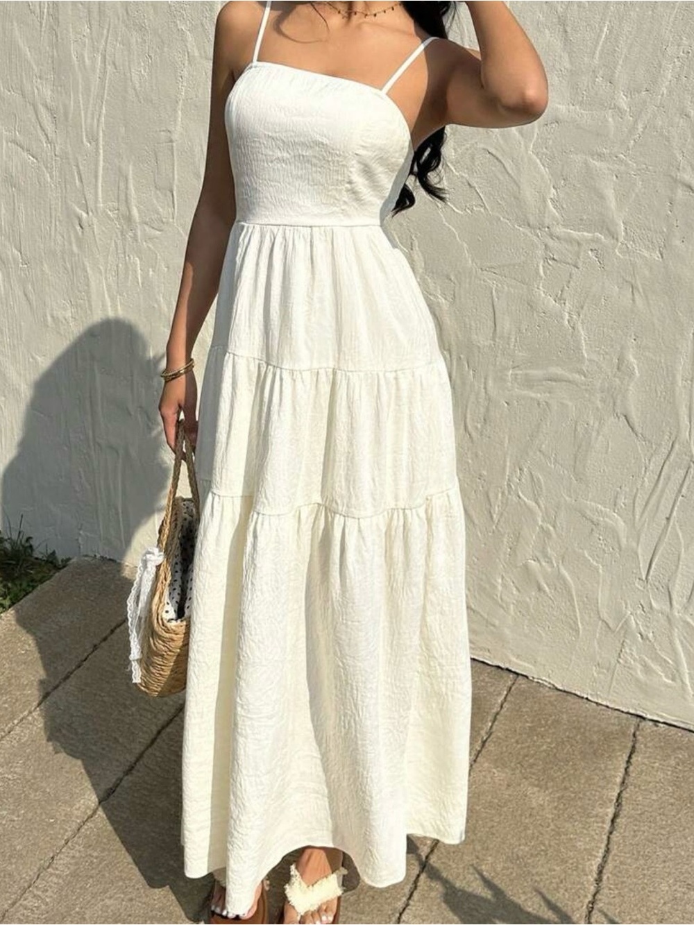 Shein cream apricot pleated tiered cami strap vacation summer maxi dress Large